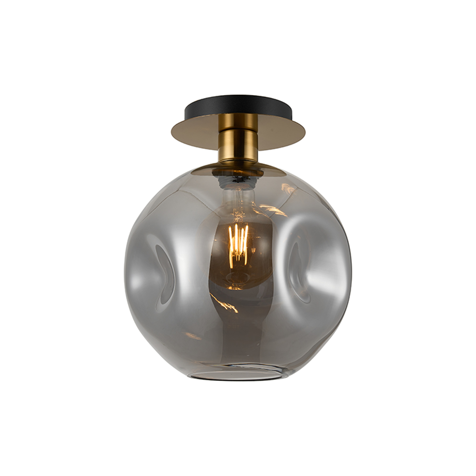DK1243  Lori 15cm Round Ceiling Flush, 1 Light Flush Fitting E27, Antique Gold/Smoke Round Dimple Shades